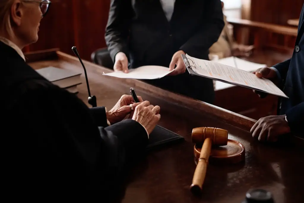 Two people addressing a judge.