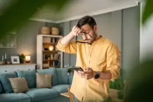 A man looking at his phone stressed.