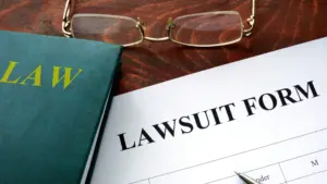 A lawsuit form with a pair of glasses and a book next to it. 